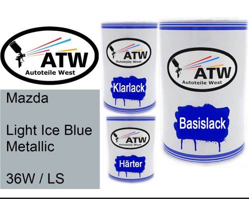 Mazda, Light Ice Blue Metallic, 36W / LS: 500ml Lackdose + 500ml Klarlack + 250ml Härter - Set, von ATW Autoteile West.